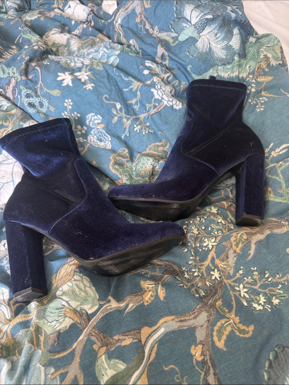 Steve Madden Navy Velvet Block Heel Ankle Boots